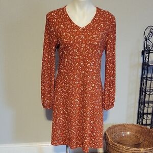 Rust Floral Long-Sleeve V-Neck Dress...Size M